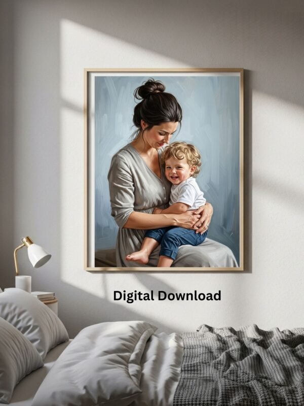 Oil painting of mother and child displayed in a peaceful bedroom, ideal wall art