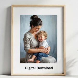Oil painting of happy child in mother's embrace, warm family art