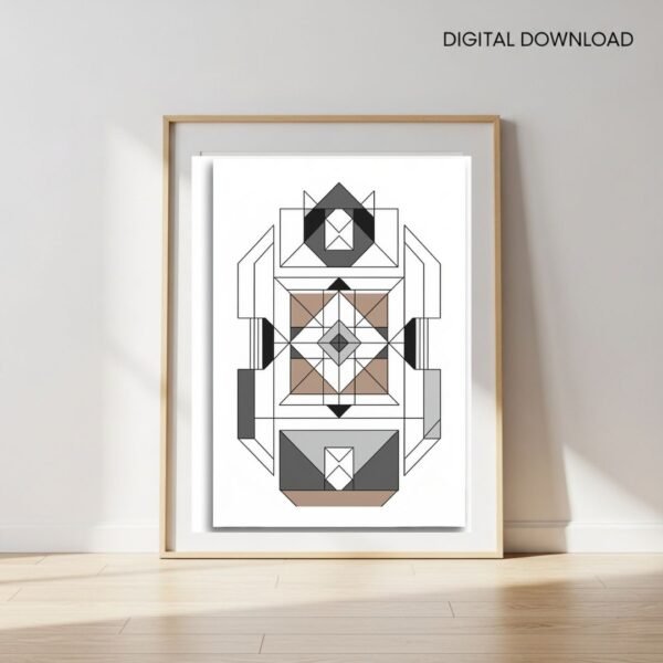 Modern abstract geometric art print mockup on a minimalist wall in a contemporary living space.