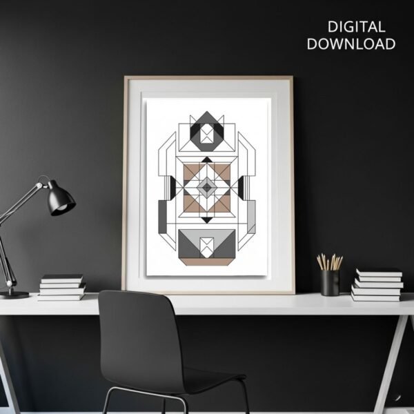 Abstract geometric digital art print displayed in a modern office setting mockup.
