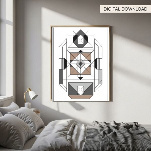 Abstract geometric art print mockup elegantly displayed in a modern, serene bedroom.