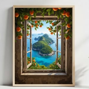Window of Hope art print main image, tropical island view.