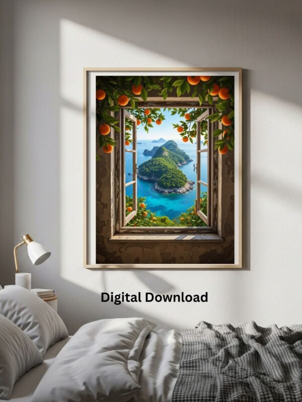 Window of Hope art print displayed in a serene bedroom setting.